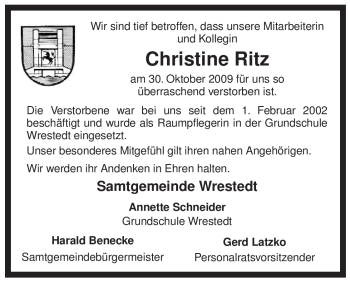Traueranzeige von Christine Ritz von ALLGEMEINE ZEITUNG UELZEN