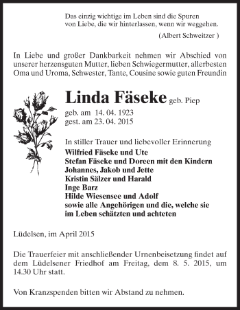 Traueranzeige von Linda Fäseke von Uelzen