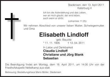 Traueranzeige von Elisabeth Lindloff von ALLGEMEINE ZEITUNG UELZEN