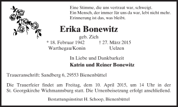 Traueranzeige von Erika Bonewitz von Uelzen