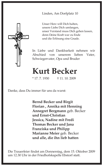 Traueranzeige von Kurt Becker von ALLGEMEINE ZEITUNG UELZEN