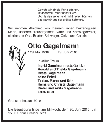 Traueranzeige von Otto Gagelmann von ALLGEMEINE ZEITUNG UELZEN