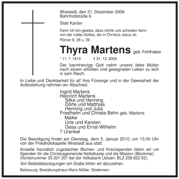 Traueranzeige von Thyra Martens von ALLGEMEINE ZEITUNG UELZEN