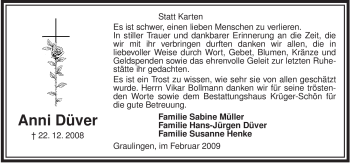 Traueranzeige von Anni Düverr von ALLGEMEINE ZEITUNG UELZEN