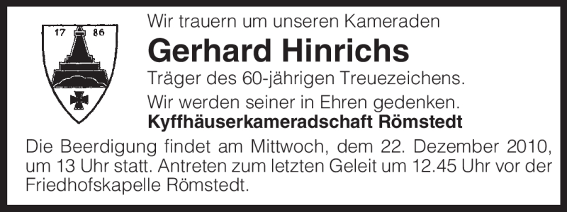  Traueranzeige für Gerhard Hinrichs vom 21.12.2010 aus ALLGEMEINE ZEITUNG UELZEN