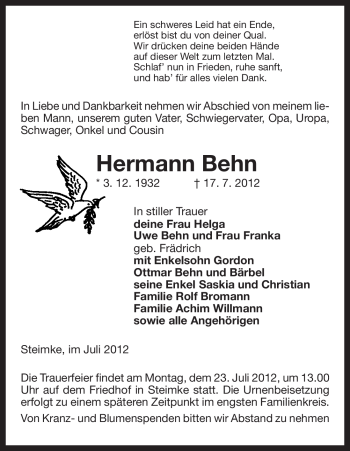 Traueranzeige von Hermann Behn von ALLGEMEINE ZEITUNG UELZEN