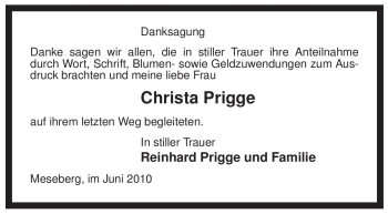 Traueranzeige von Christa Prigge von ALLGEMEINE ZEITUNG UELZEN