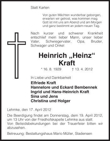 Traueranzeige von Heinrich Kraft von ALLGEMEINE ZEITUNG UELZEN