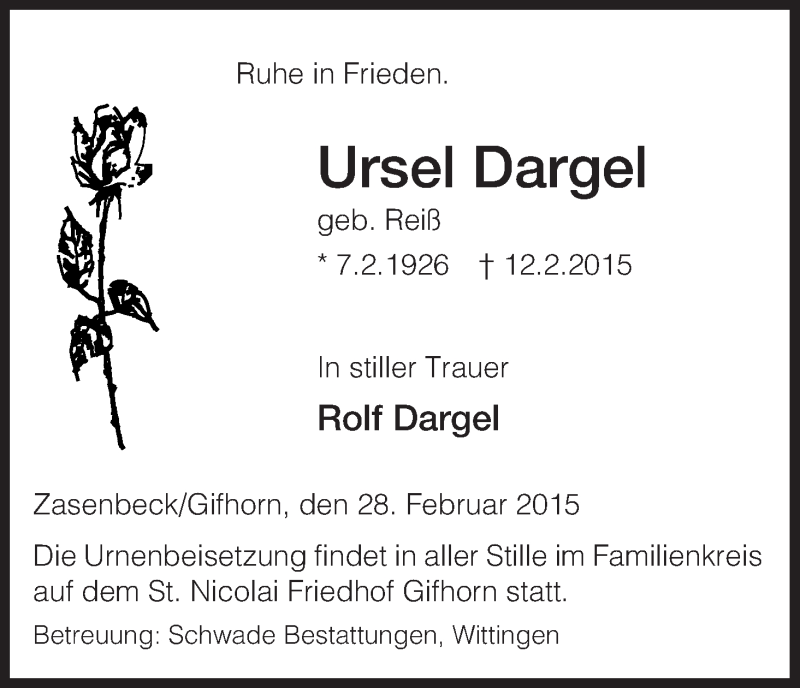  Traueranzeige für Ursel Dargel vom 28.02.2015 aus Uelzen