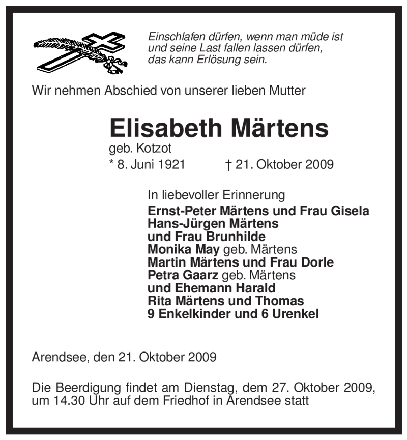  Traueranzeige für Elisabeth Märtens vom 23.10.2009 aus ALLGEMEINE ZEITUNG UELZEN