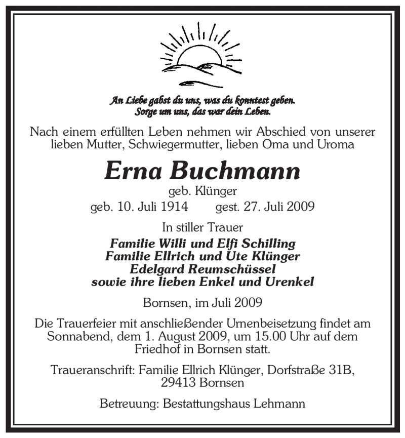  Traueranzeige für Erna Buchmann vom 29.07.2009 aus ALLGEMEINE ZEITUNG UELZEN