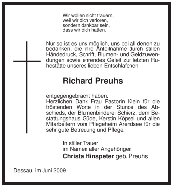 Traueranzeige von Richard Preuhs von ALLGEMEINE ZEITUNG UELZEN