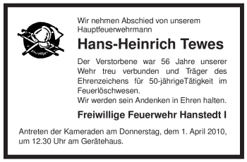 Traueranzeige von Hans-Heinrich Tewes von ALLGEMEINE ZEITUNG UELZEN