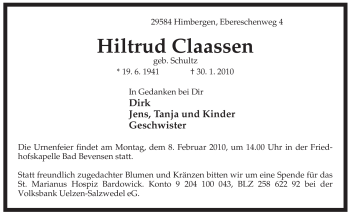 Traueranzeige von Hiltrud Claassen von ALLGEMEINE ZEITUNG UELZEN