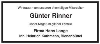 Traueranzeige von Günter Rinner von ALLGEMEINE ZEITUNG UELZEN