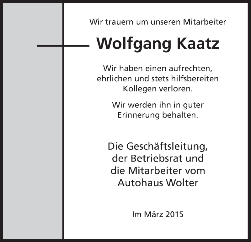  Traueranzeige für Wolfgang Kaatz vom 28.03.2015 aus Uelzen