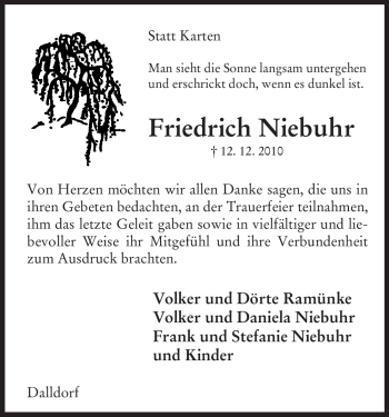 Traueranzeige von Friedrich Niebuhr von ALLGEMEINE ZEITUNG UELZEN