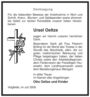 Traueranzeige von Ursel Oeltze von ALLGEMEINE ZEITUNG UELZEN