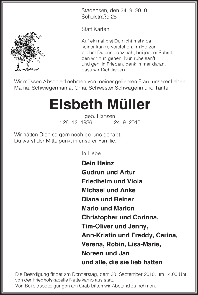  Traueranzeige für Elsbeth Müller vom 28.09.2010 aus ALLGEMEINE ZEITUNG UELZEN