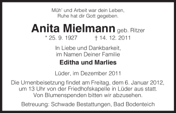 Traueranzeige von Anita Mielmann, von ALLGEMEINE ZEITUNG UELZEN