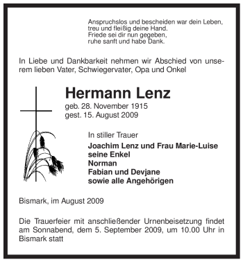 Traueranzeige von Hermann Lenz von ALLGEMEINE ZEITUNG UELZEN