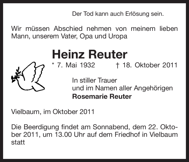  Traueranzeige für Heinz Reuter vom 20.10.2011 aus ALLGEMEINE ZEITUNG UELZEN