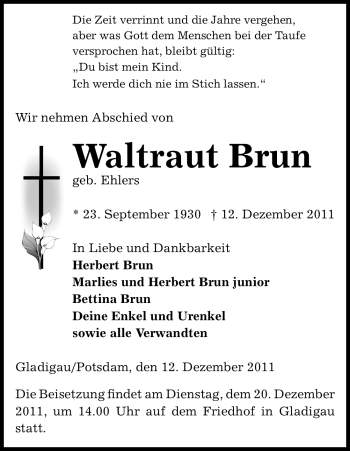 Traueranzeige von Waltraut Brun von ALLGEMEINE ZEITUNG UELZEN