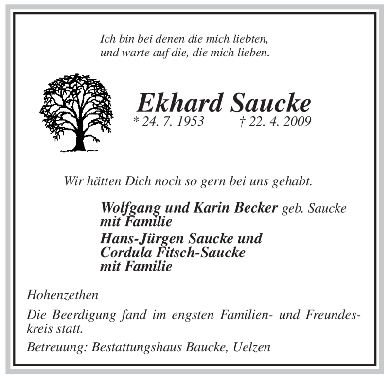  Traueranzeige für Ekhard Saucke vom 23.05.2009 aus ALLGEMEINE ZEITUNG UELZEN