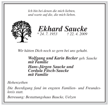 Traueranzeige von Ekhard Saucke von ALLGEMEINE ZEITUNG UELZEN