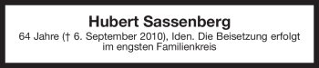 Traueranzeige von Hubert Sassenberg von ALLGEMEINE ZEITUNG UELZEN