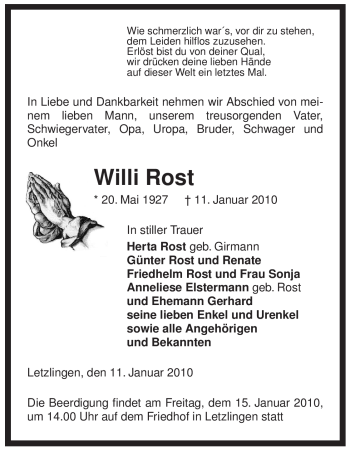 Traueranzeige von Willi Rost von ALLGEMEINE ZEITUNG UELZEN