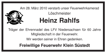 Traueranzeige von Heinz Rahlfs von ALLGEMEINE ZEITUNG UELZEN