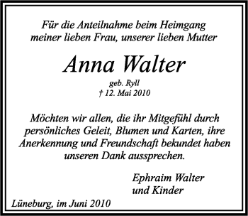 Traueranzeige von Anna Walter von ALLGEMEINE ZEITUNG UELZEN