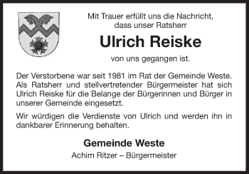 Traueranzeige von Ulrich Reiske von Uelzen