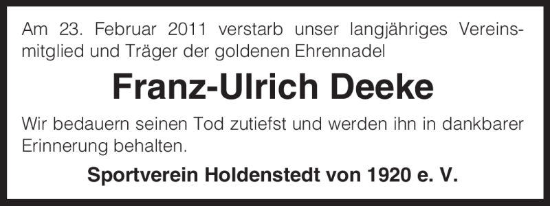  Traueranzeige für Franz-Ulrich Deeke vom 02.03.2011 aus ALLGEMEINE ZEITUNG UELZEN