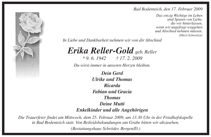  Traueranzeige für Erika Reller-Gold vom 20.02.2009 aus ALLGEMEINE ZEITUNG UELZEN