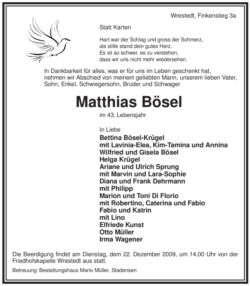  Traueranzeige für Matthias Bösel vom 19.12.2009 aus ALLGEMEINE ZEITUNG UELZEN