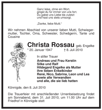 Traueranzeige von Christa Rossau von ALLGEMEINE ZEITUNG UELZEN