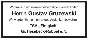 Traueranzeige von Gustav Gruzewski von ALLGEMEINE ZEITUNG UELZEN