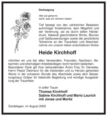 Traueranzeige von Heide Kirchhoff von ALLGEMEINE ZEITUNG UELZEN