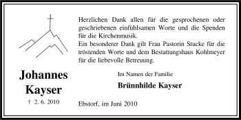 Traueranzeige von Johannes Kayser von ALLGEMEINE ZEITUNG UELZEN