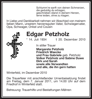 Traueranzeige von Edgar Petzholz von ALLGEMEINE ZEITUNG UELZEN