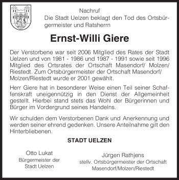 Traueranzeige von Ernst-Willi Giere von ALLGEMEINE ZEITUNG UELZEN