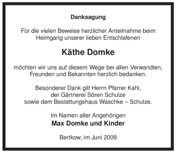 Traueranzeige von Käthe Domke von ALLGEMEINE ZEITUNG UELZEN