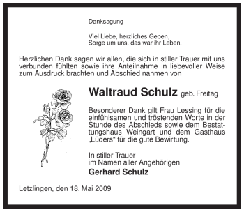 Traueranzeige von Waltraud Schulz von ALLGEMEINE ZEITUNG UELZEN