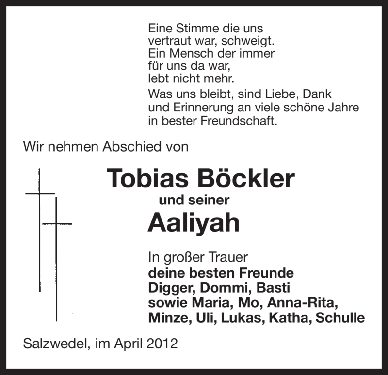  Traueranzeige für Tobias Böckler vom 18.04.2012 aus ALLGEMEINE ZEITUNG UELZEN