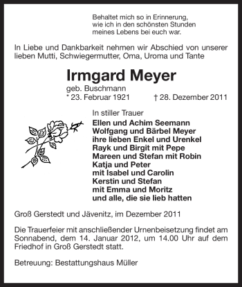 Traueranzeige von Irmgard Meyer von ALLGEMEINE ZEITUNG UELZEN