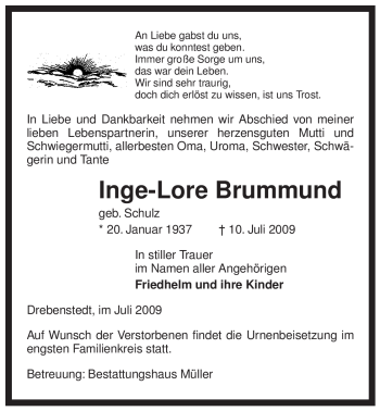 Traueranzeige von Inge-Lore Brummund von ALLGEMEINE ZEITUNG UELZEN