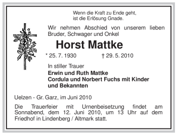 Traueranzeige von Horst Mattke von ALLGEMEINE ZEITUNG UELZEN