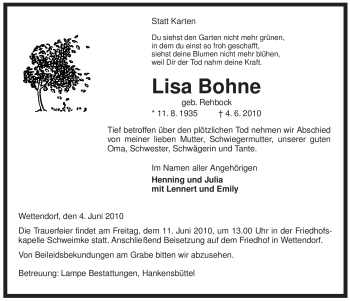 Traueranzeige von Lisa Bohne von ALLGEMEINE ZEITUNG UELZEN